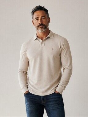Polo by Ralph Lauren Men's Vintage Cotton  Long-Sleeve Polo in Light Beige